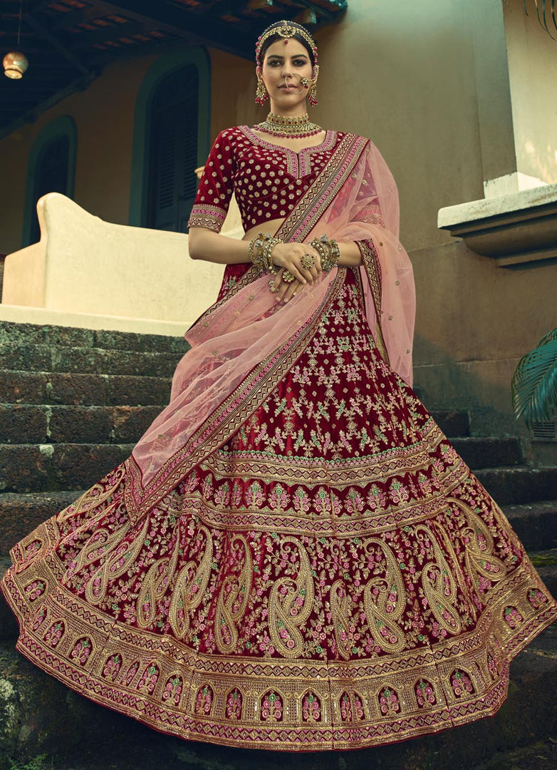 Velvet Fabric Designer Embroidered Wedding Wear Lehenga Choli In Maroon Color