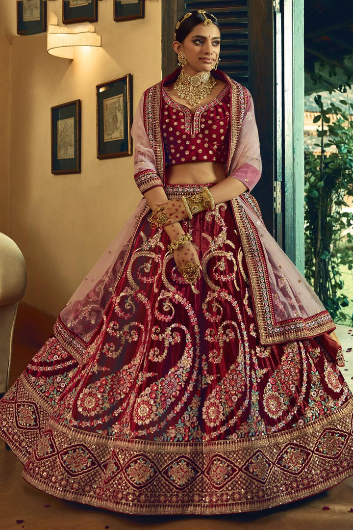Maroon Color Velvet Fabric Embroidered Wedding Wear Fancy Lehenga Choli