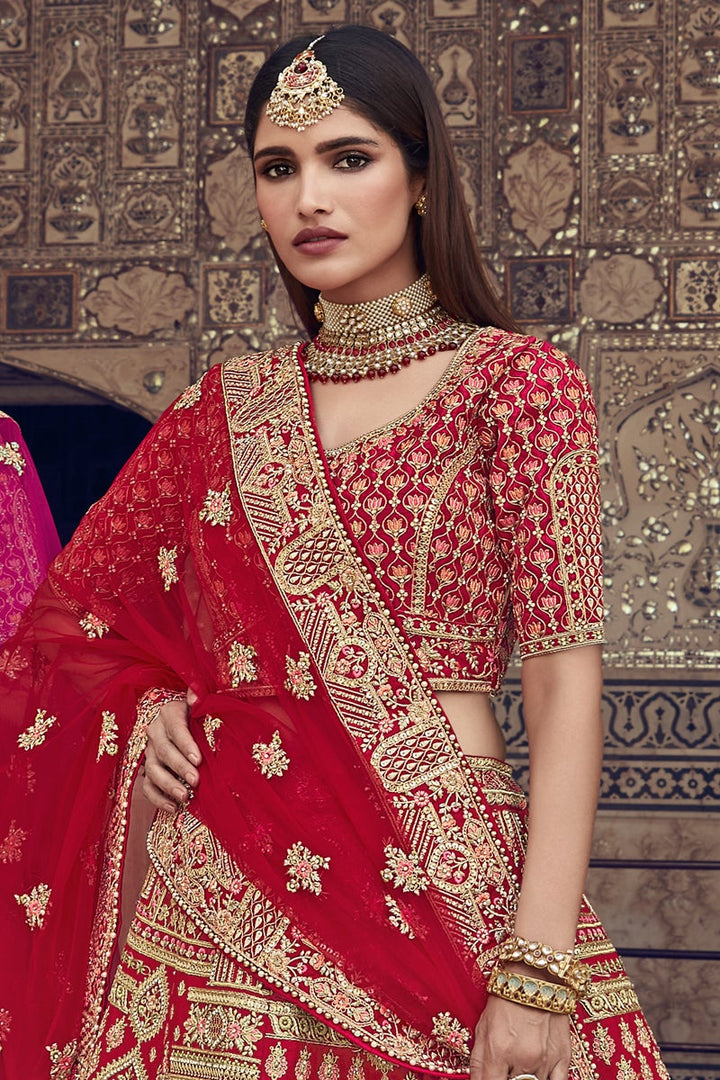 Embroidered Red Color Silk Fabric Bridal Lehenga Choli With Double Dupatta
