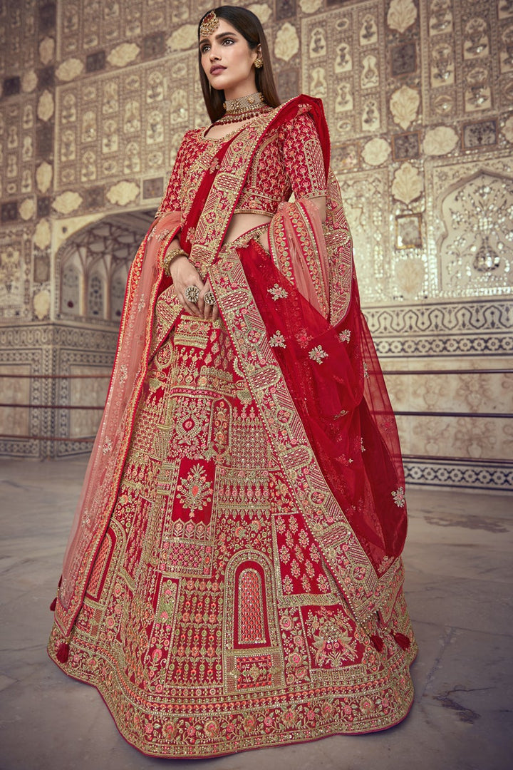 Embroidered Red Color Silk Fabric Bridal Lehenga Choli With Double Dupatta