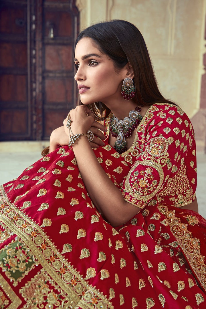 Red Color Embroidered Silk Fabric Bridal Lehenga Choli With Double Dupatta