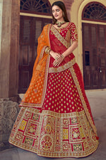 Load image into Gallery viewer, Red Color Embroidered Silk Fabric Bridal Lehenga Choli With Double Dupatta