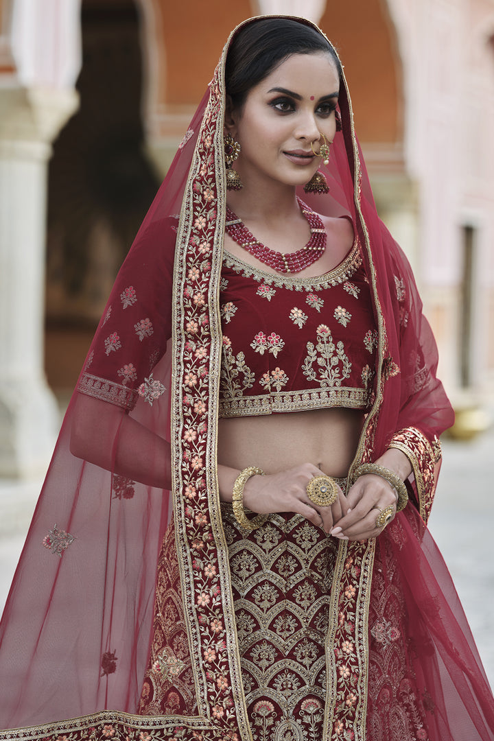 Velvet Maroon Embroidered Wedding Wear Designer Lehenga Choli