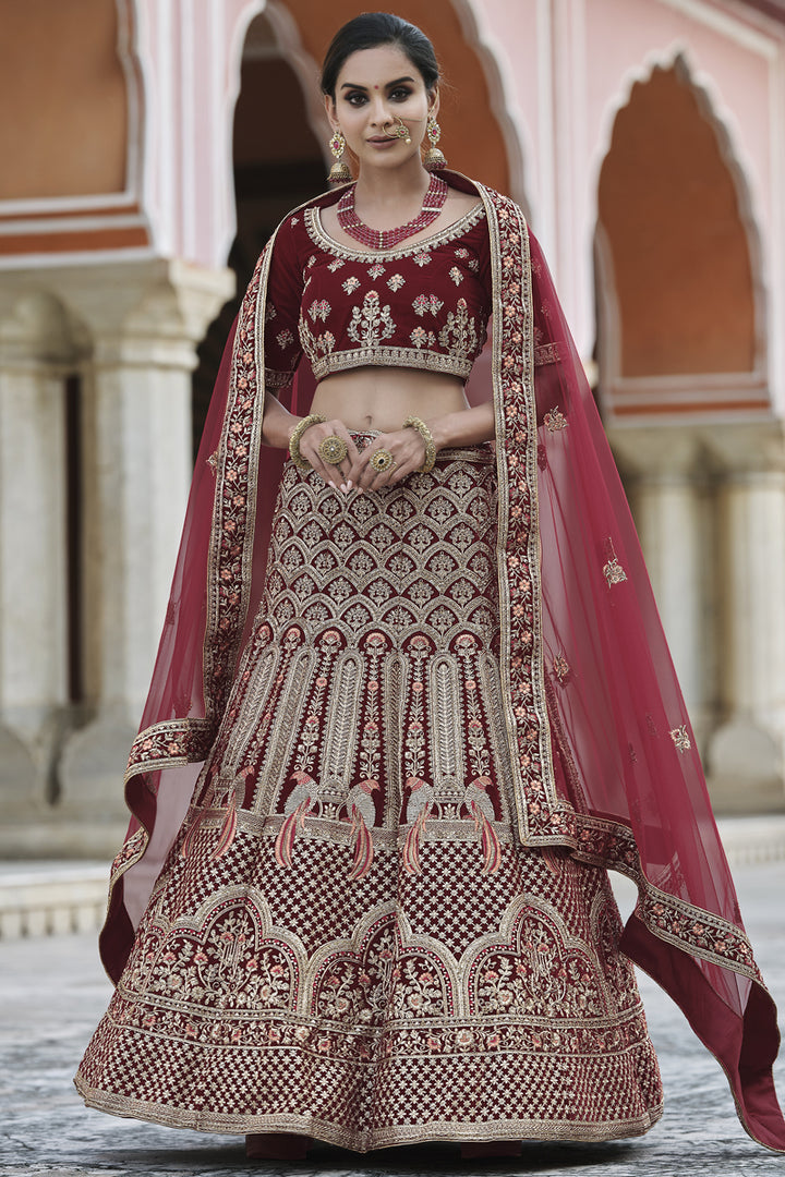 Velvet Maroon Embroidered Wedding Wear Designer Lehenga Choli