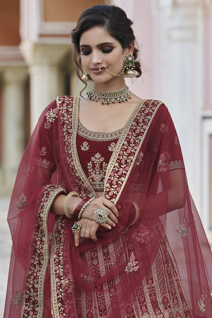 Wedding Wear Velvet Designer Embroidered Lehenga Choli In Maroon Color