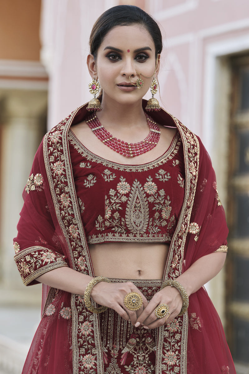 Velvet Fabric Wedding Wear Maroon Color Embroidered Lehenga Choli