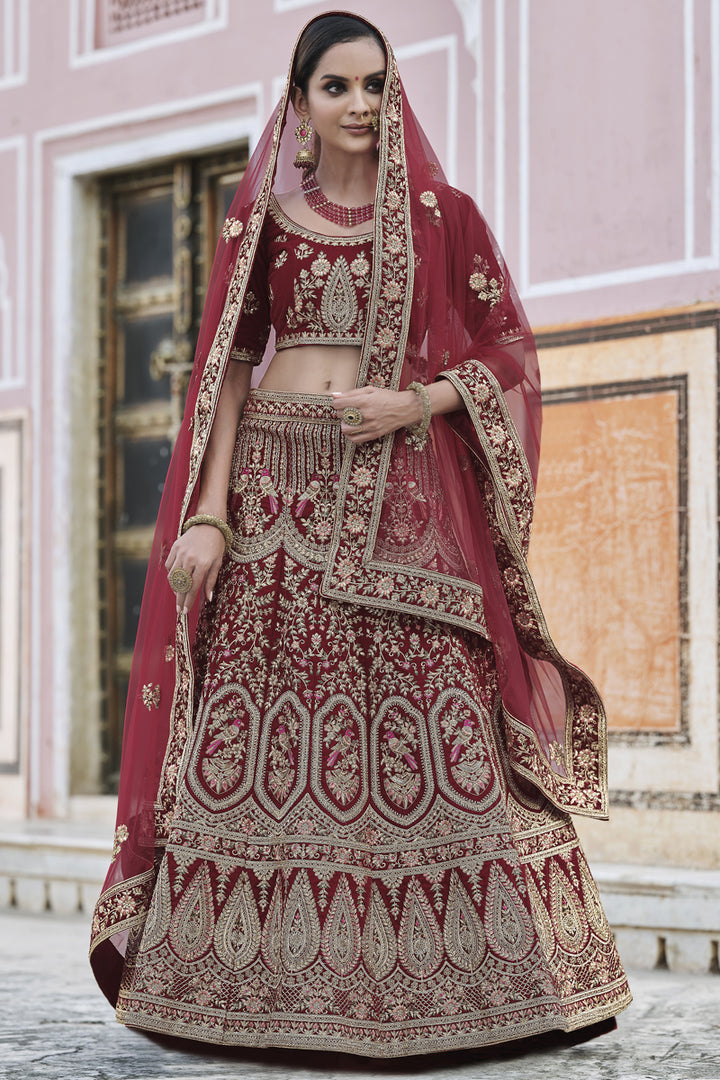 Velvet Fabric Wedding Wear Maroon Color Embroidered Lehenga Choli