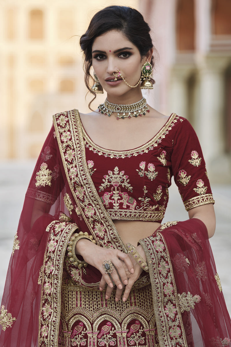 Embroidered Maroon Color Wedding Wear Velvet Fabric Designer Lehenga Choli