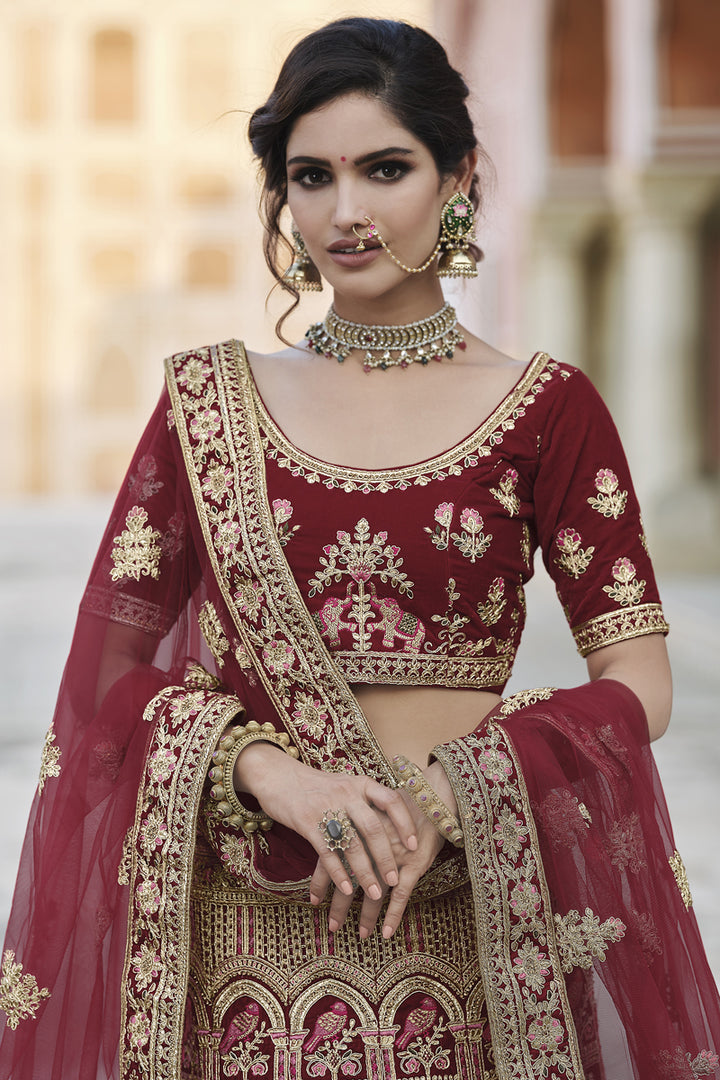 Embroidered Maroon Color Wedding Wear Velvet Fabric Designer Lehenga Choli