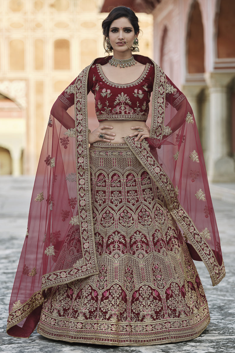 Embroidered Maroon Color Wedding Wear Velvet Fabric Designer Lehenga Choli