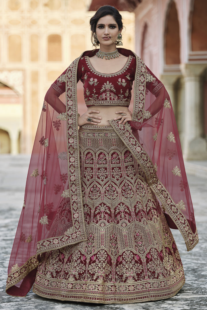 Embroidered Maroon Color Wedding Wear Velvet Fabric Designer Lehenga Choli