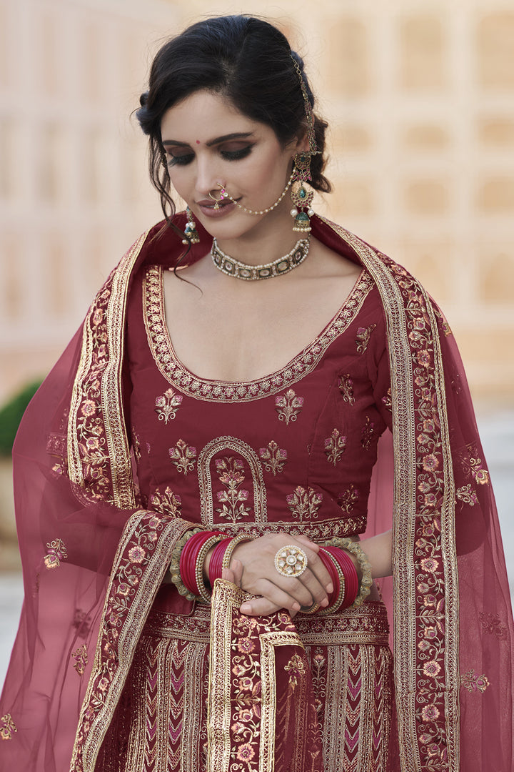 Maroon Color Wedding Wear Velvet Fabric Embroidered Lehenga Choli