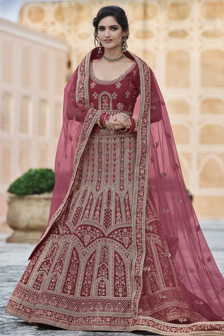 Maroon Color Wedding Wear Velvet Fabric Embroidered Lehenga Choli