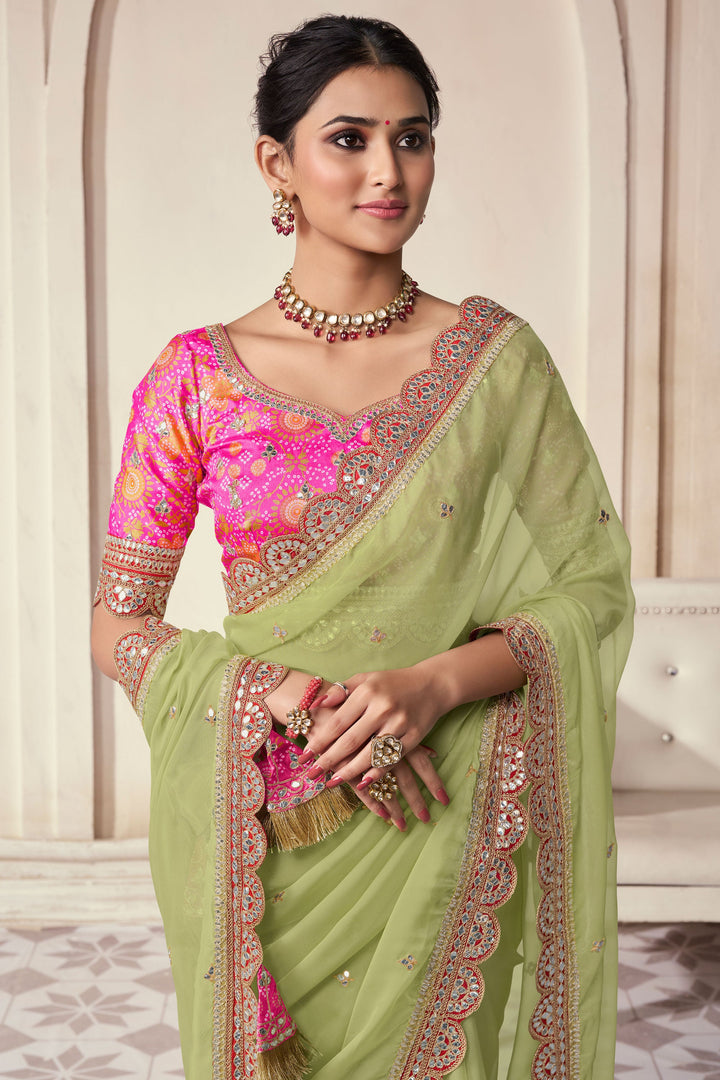 Green Color Border Work Pleasant Function Wear Art Silk Saree