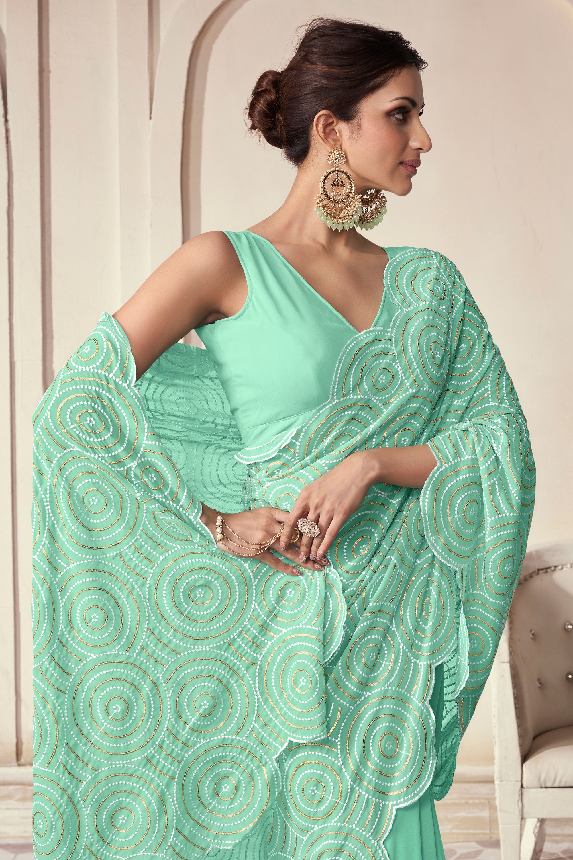 Sea Green Color Sequins Work Brilliant Function Wear Georgette Saree