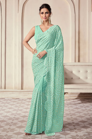 Sea Green Color Sequins Work Brilliant Function Wear Georgette Saree