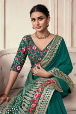 Load image into Gallery viewer, Border Work Soothing Function Wear Art Silk Saree In Teal Color
