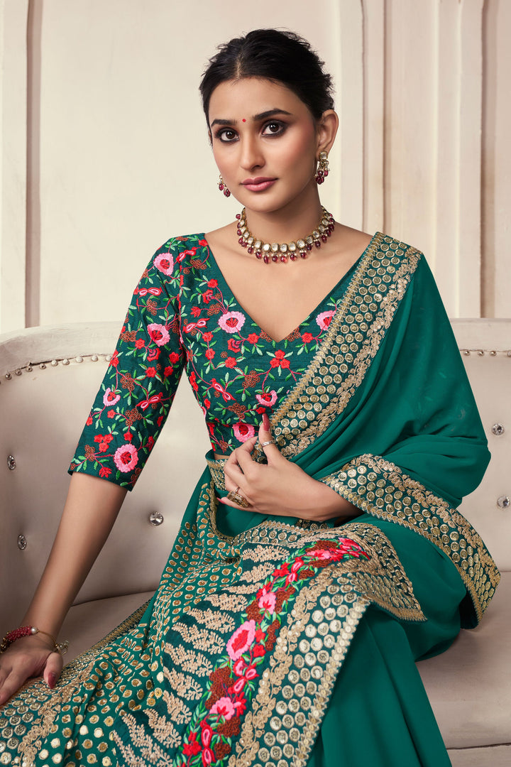 Border Work Soothing Function Wear Art Silk Saree In Teal Color