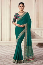 Load image into Gallery viewer, Border Work Soothing Function Wear Art Silk Saree In Teal Color
