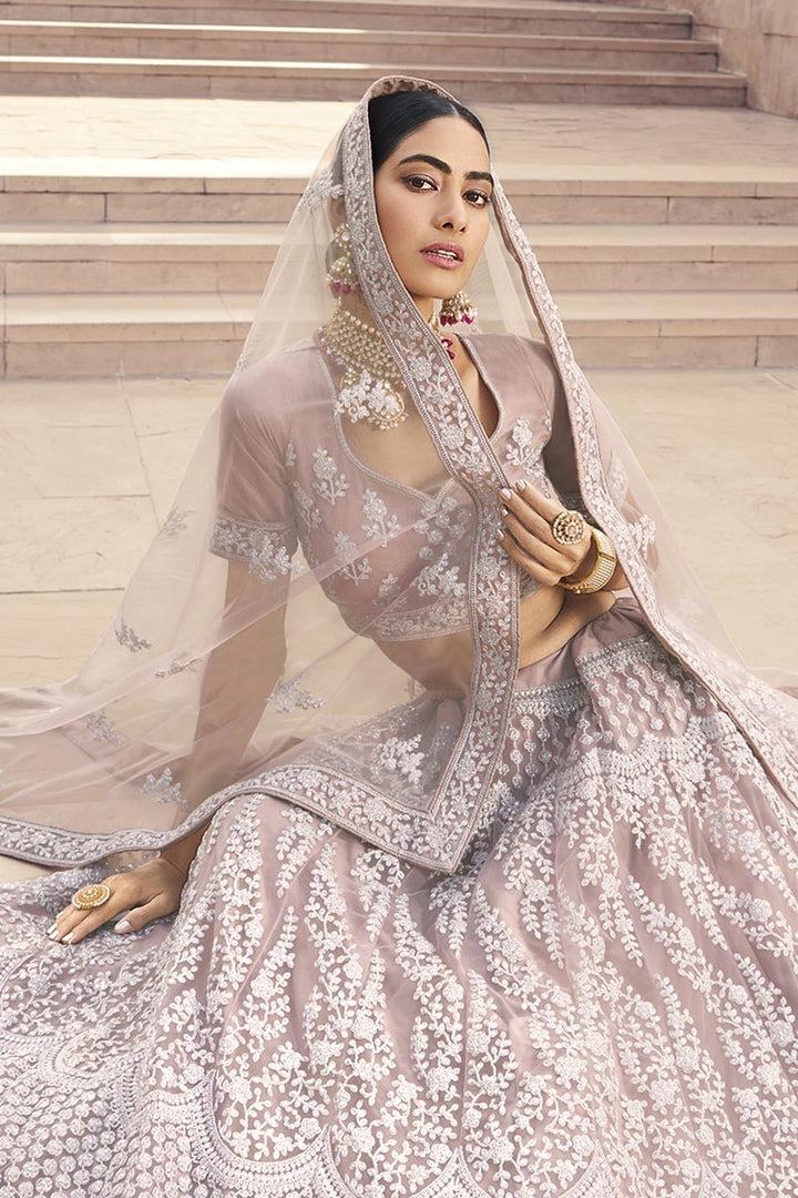 Net Fabric Dark Beige Color Stylish Wedding Wear Lehenga Choli