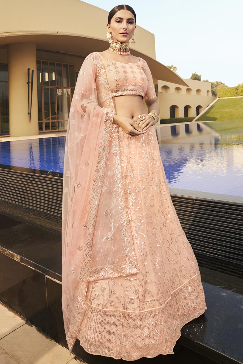 Trendy Peach Color Net Fabric Reception Wear Lehenga Choli