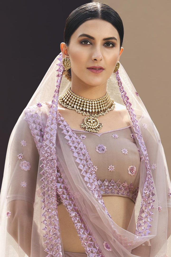Lavender Color Reception Wear Lehenga Choli In Net Fabric