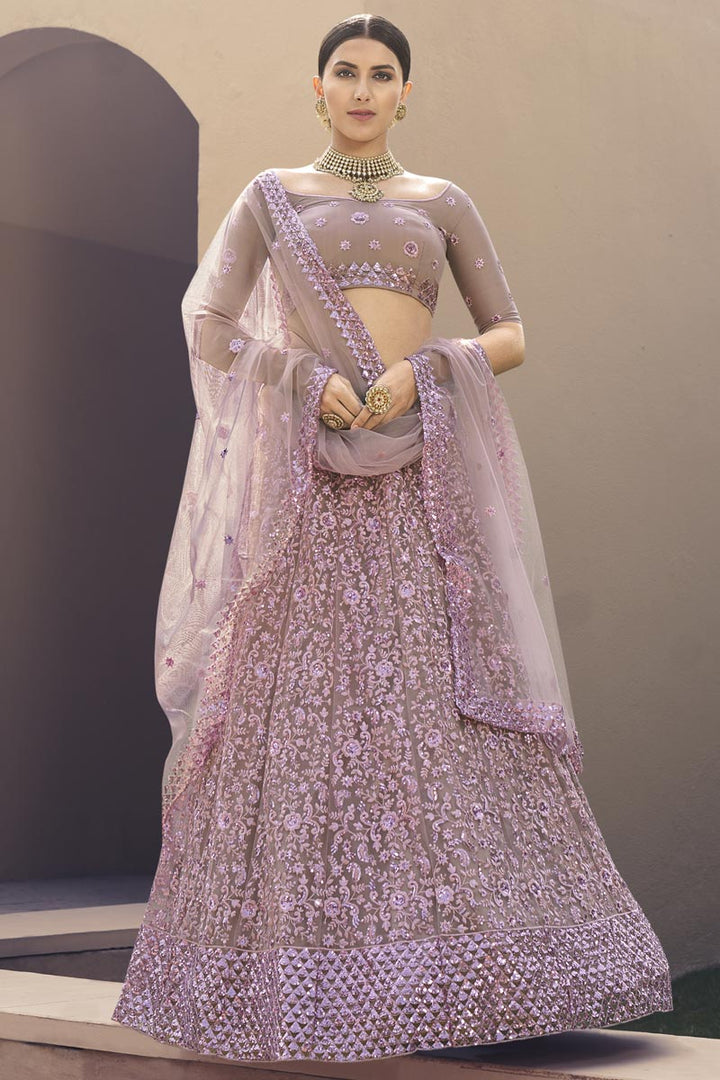Lavender Color Reception Wear Lehenga Choli In Net Fabric