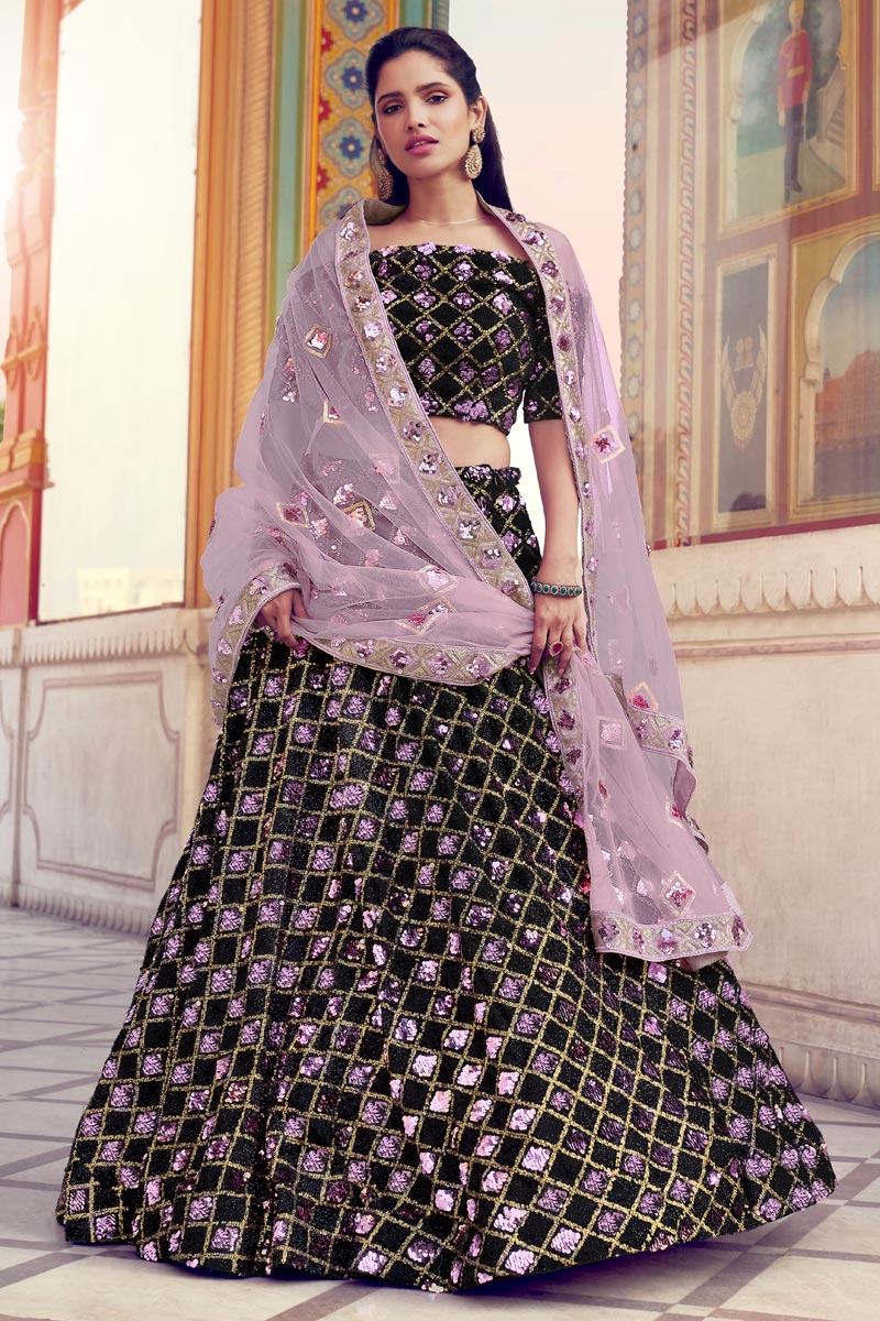 Sequins Work Black Color Wedding Lehenga