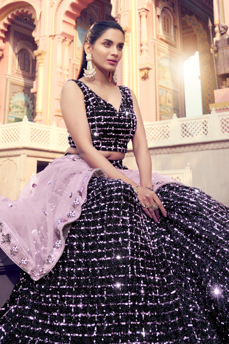 Fancy Fabric Black Color Wedding Wear 3 Piece Lehenga Choli