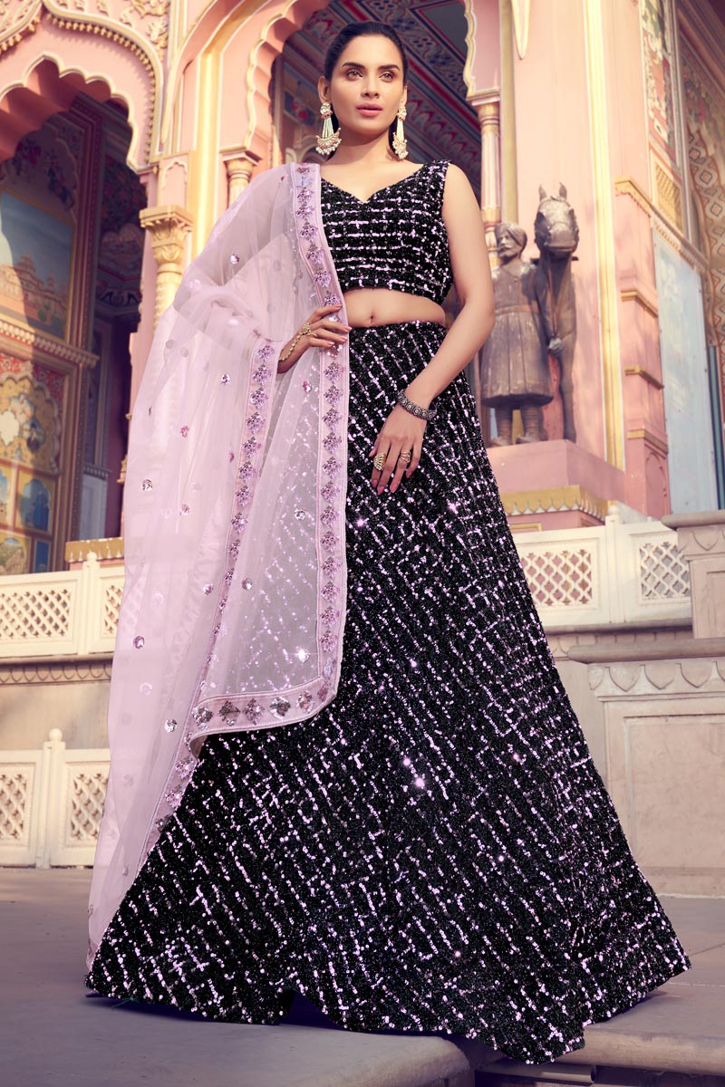Fancy Fabric Black Color Wedding Wear 3 Piece Lehenga Choli
