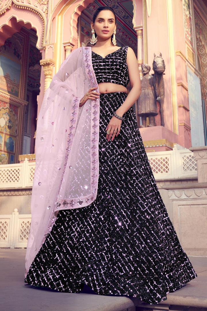 Fancy Fabric Black Color Wedding Wear 3 Piece Lehenga Choli