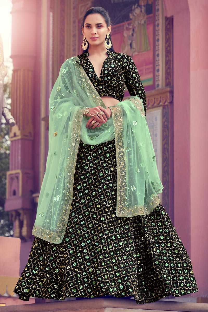 Sequins Work Reception Wear Black Color Lehenga Choli