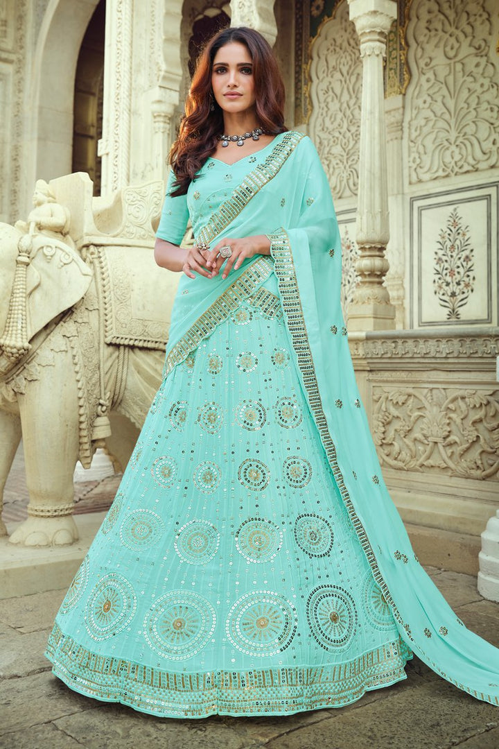Sangeet Wear Light Cyan Color Chic Georgette Fabric Sequins Work Lehenga Choli