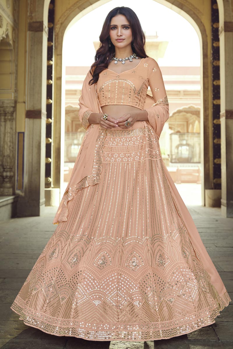 Chic Peach Color Sangeet Wear Georgette Fabric Sequins Work Lehenga