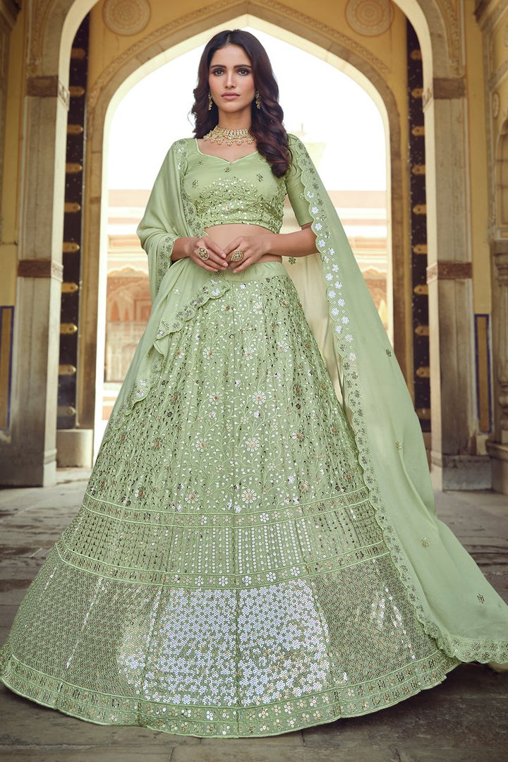 Georgette Fabric Sangeet Wear Chic Sea Green Color Sequins Work Lehenga Choli