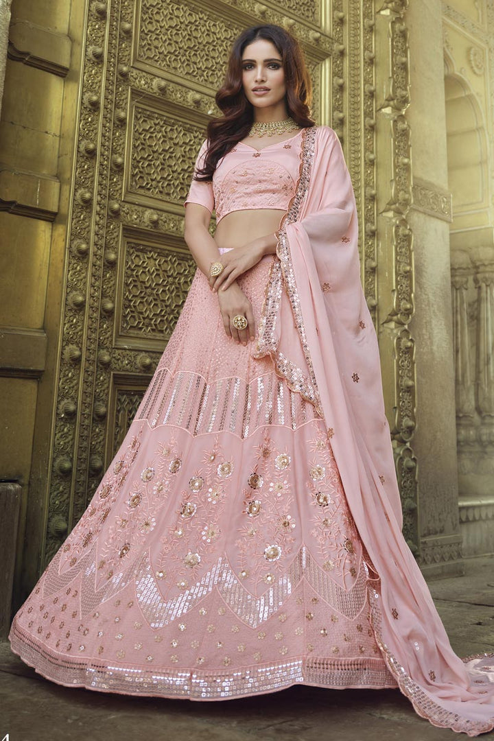 Pink Color Sangeet Wear Chic Georgette Fabric Sequins Work Lehenga