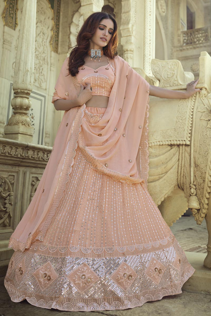Sangeet Wear Chic Peach Color Sequins Work Lehenga In Georgette Fabric