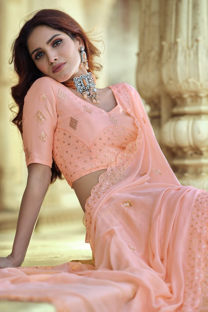 Sangeet Wear Georgette Fabric Chic Peach Color Sequins Work Lehenga Choli