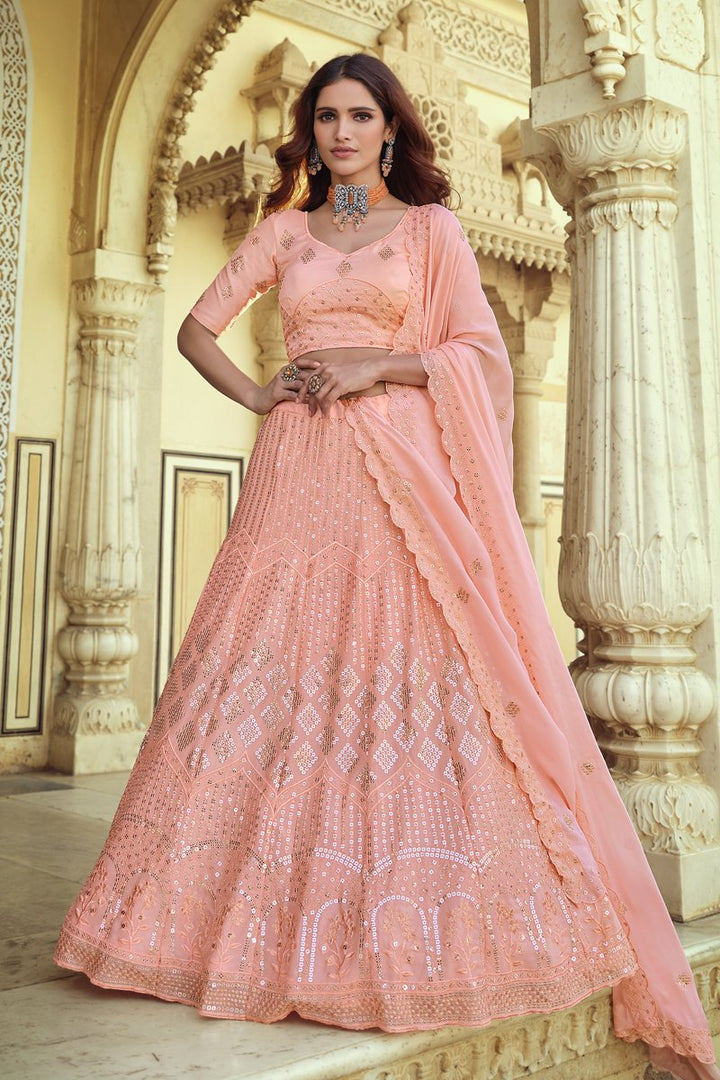 Sangeet Wear Georgette Fabric Chic Peach Color Sequins Work Lehenga Choli