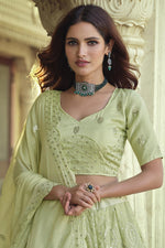 Load image into Gallery viewer, Chic Georgette Fabric Sangeet Wear Green Color Sequins Work Lehenga
