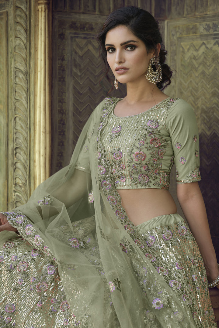 Sea Green Color Sequins Work Wedding Wear Lehenga Choli In Net Fabric