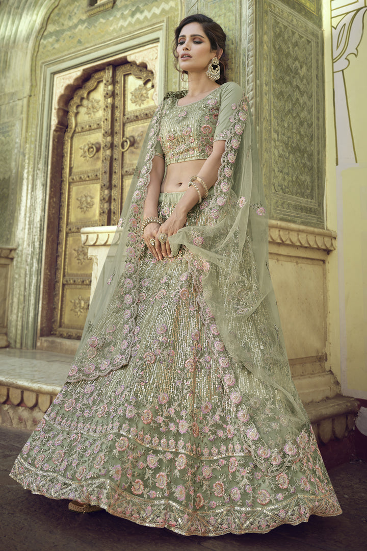 Sea Green Color Sequins Work Wedding Wear Lehenga Choli In Net Fabric