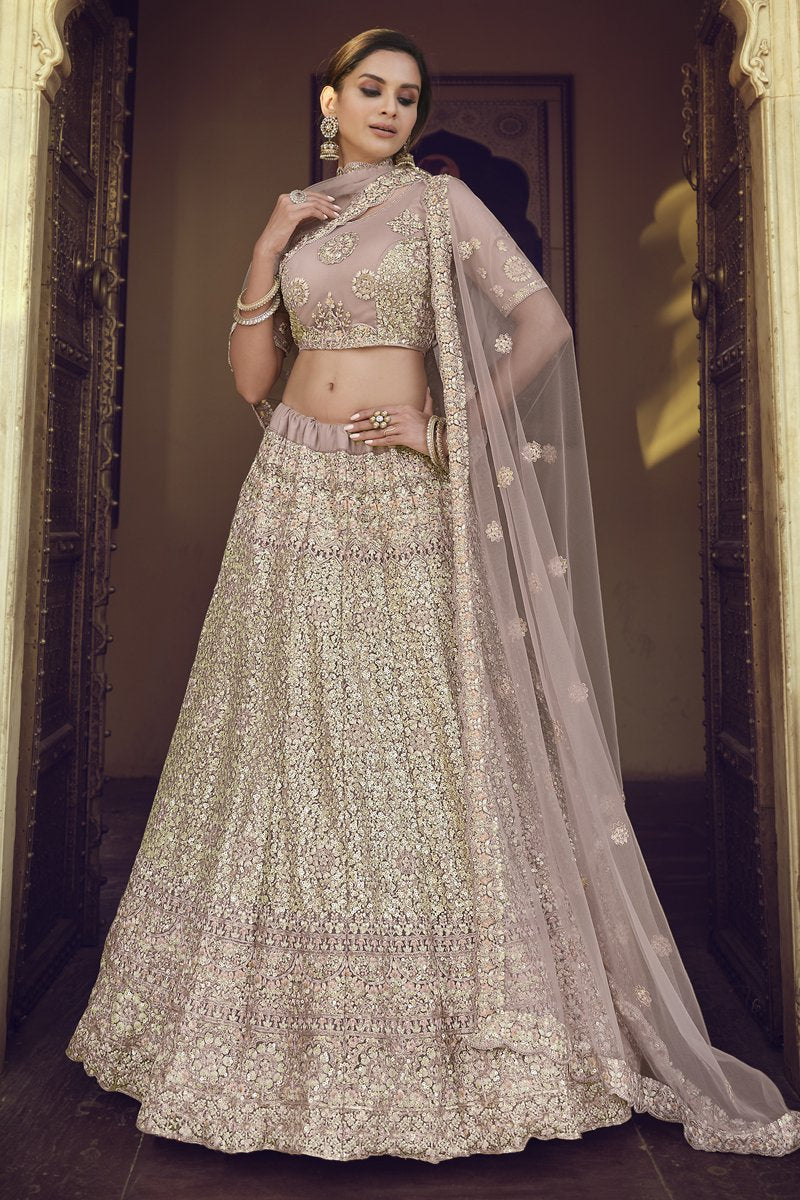 Net Fabric Sangeet Wear Sequins Work Lehenga Choli In Chikoo Color