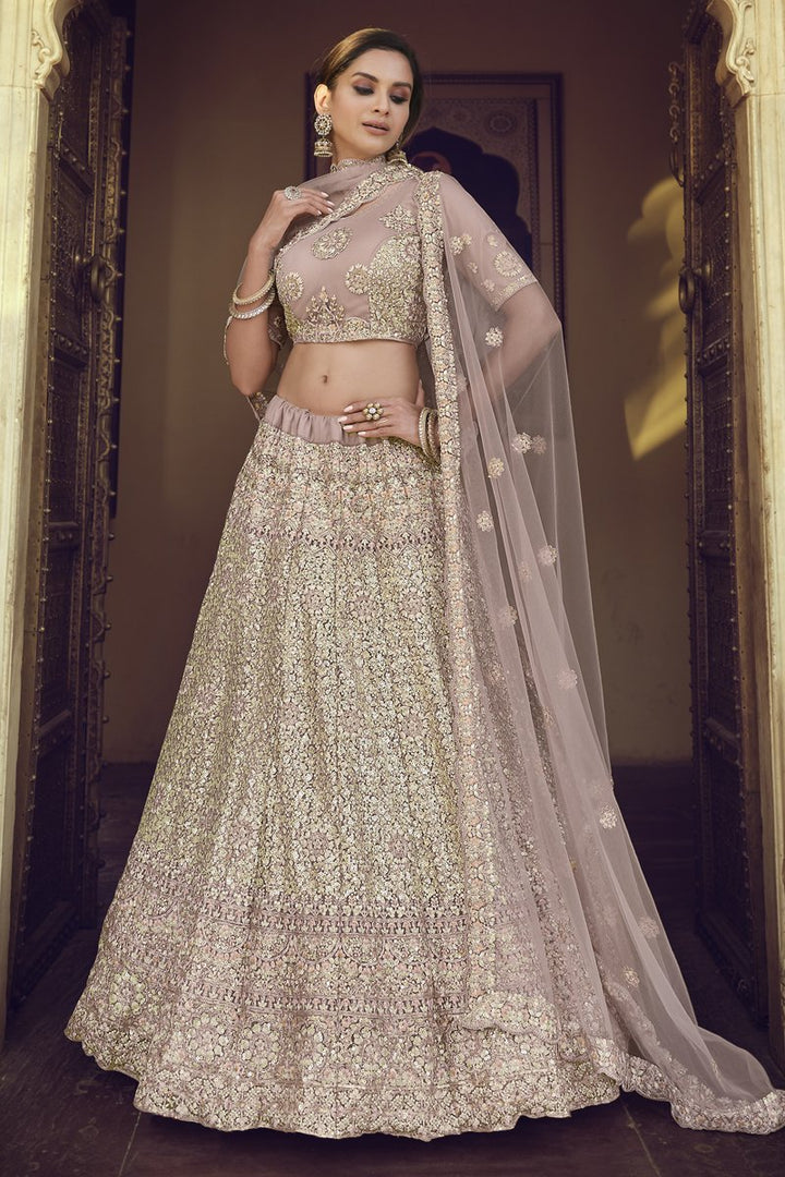 Net Fabric Sangeet Wear Sequins Work Lehenga Choli In Chikoo Color