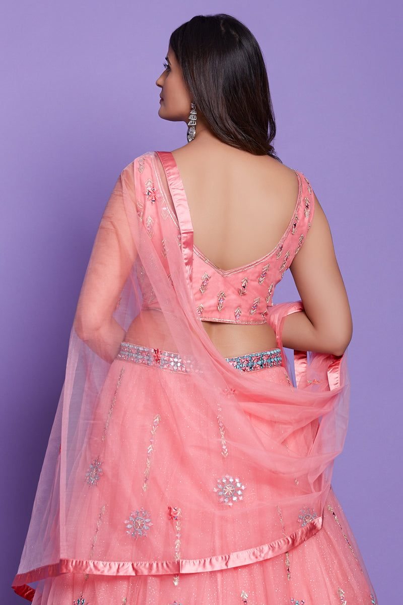 Pink Color Silk Fabric Embroidered Wedding Wear Readymade Lehenga Choli