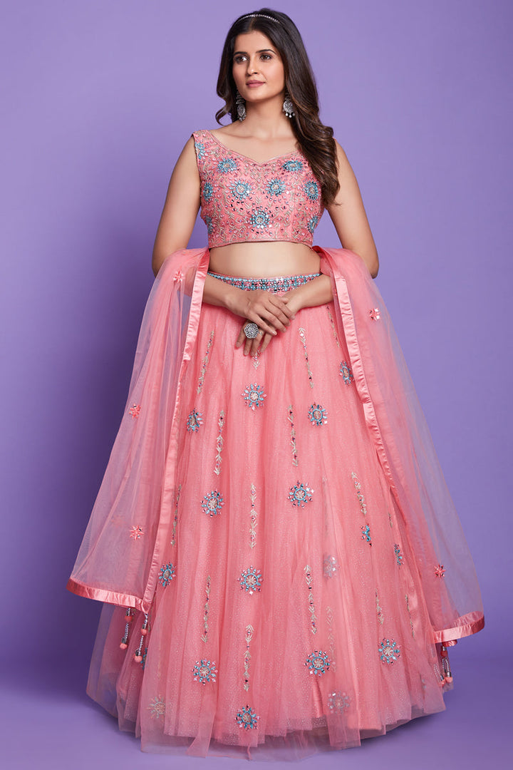 Pink Color Silk Fabric Embroidered Wedding Wear Readymade Lehenga Choli