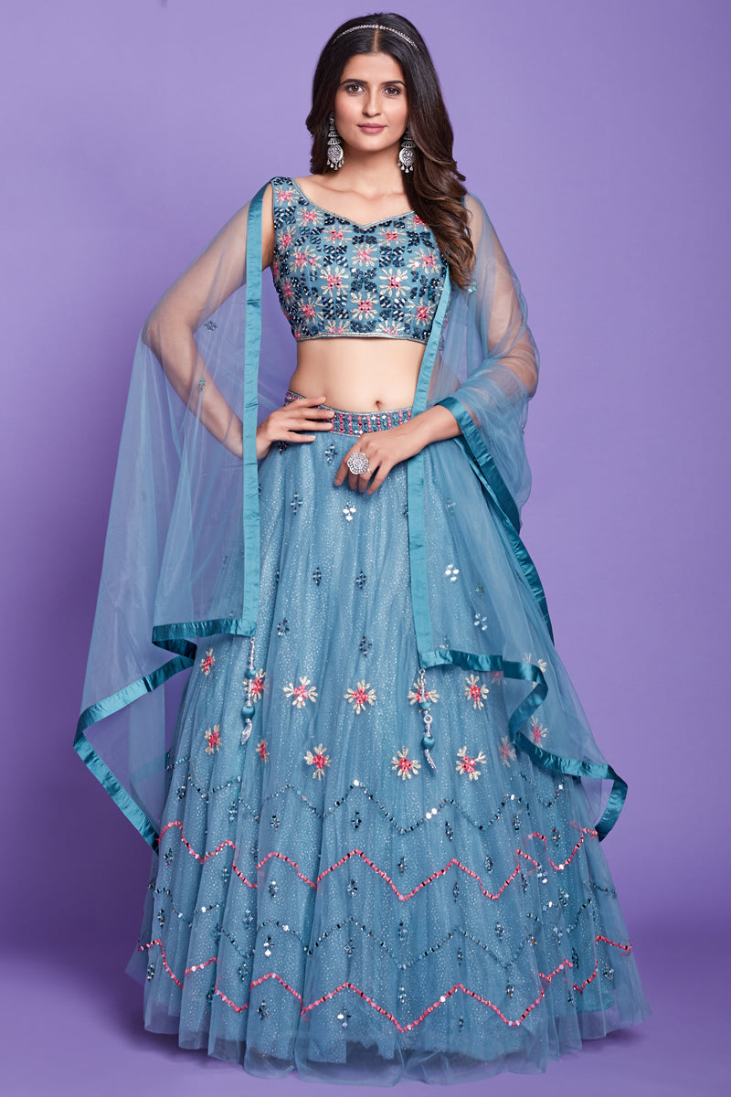 Embellished Embroidered Work On Cyan Color Silk Fabric Wedding Wear Readymade Lehenga Choli