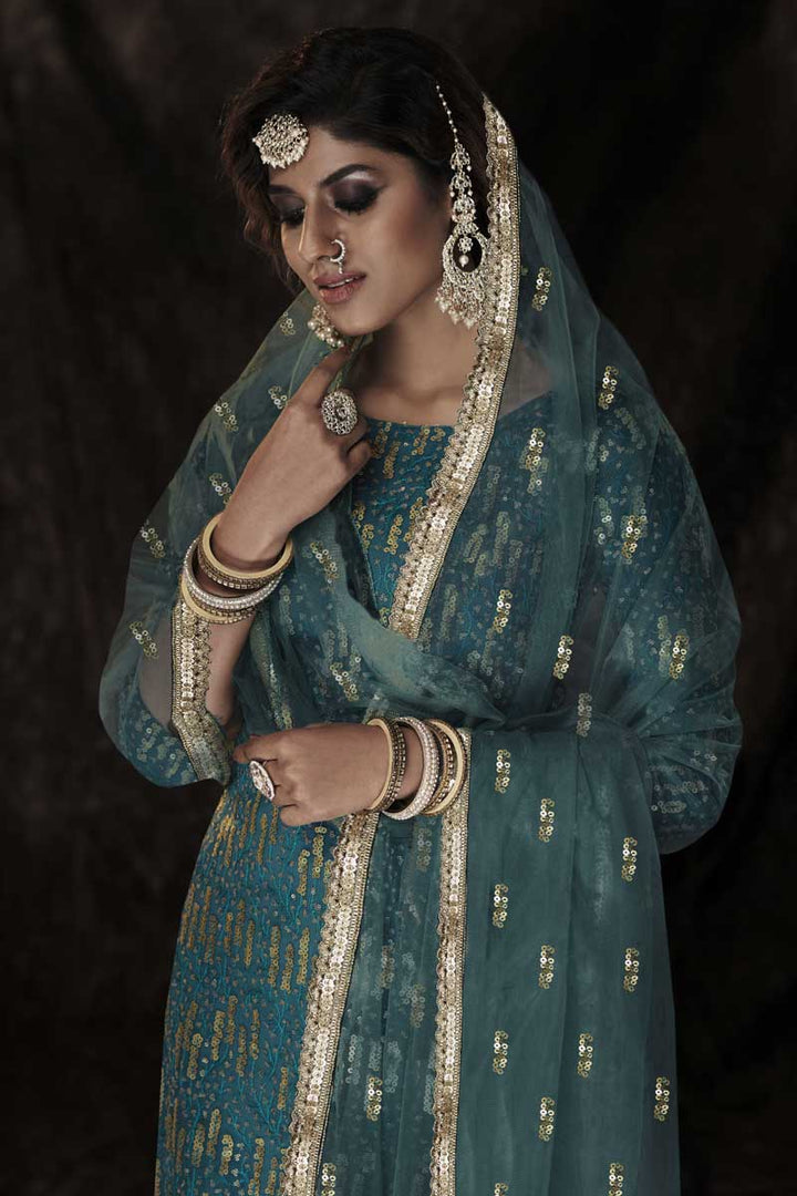 Net Fabric Function Wear Teal Color Pleasance Sharara Suit With Sequins Work