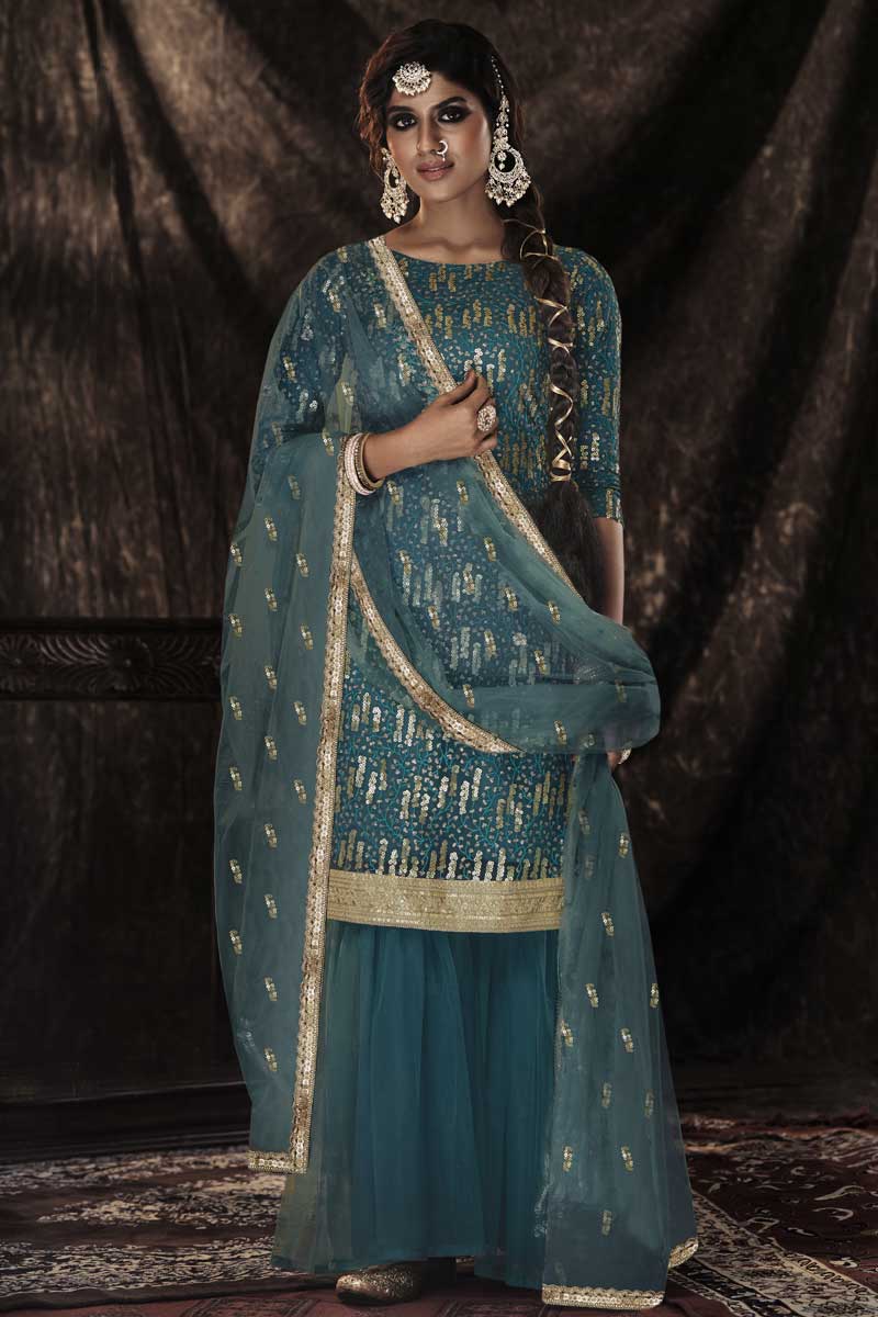 Net Fabric Function Wear Teal Color Pleasance Sharara Suit With Sequins Work