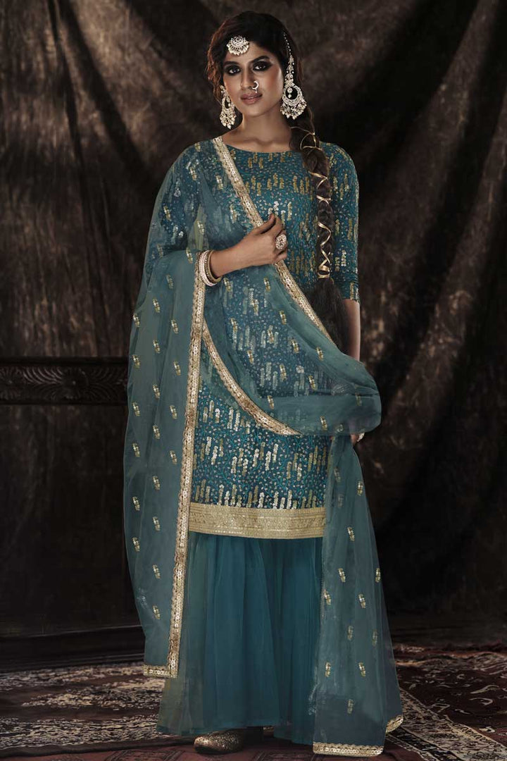 Net Fabric Function Wear Teal Color Pleasance Sharara Suit With Sequins Work